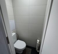 WC a háromszobás lakásban minimalista szürke csempékkel és sötét padlóval.