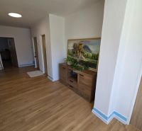 A családi ház padlója fa dekorációval rendelkezik, van benne egy komód és egy dekoratív kép a falon.