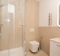 Fürdőszoba egy háromszobás lakásban zuhanyzóval és WC-vel.