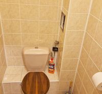 WC csempével és WC kefével egy háromszobás lakásban.