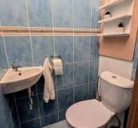 Fürdőszoba kék csempékkel és WC-vel egy kétszobás lakásban, polcok a falon.