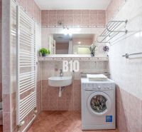 Fürdőszoba mosógéppel, mosdóval és WC-vel a kétszobás lakásban. Friss növények varázst kölcsönöznek.