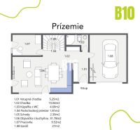 Családi ház földszinti alaprajza nappalival, konyhával és garázzsal.
