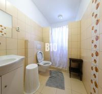Fürdőszoba családi házban csempével és WC-vel.