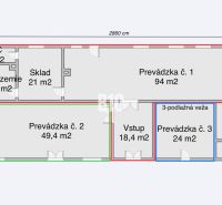Az üzlethelyiségek alaprajza raktárakkal, irodával és különböző üzletekkel.