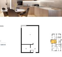 **1 szobás lakás** konyhával, fürdőszobával és előszobával. Padlófelület 42,66 m².