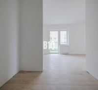 Világos, üres belső tér fa padlóval és nagy ablakkal egy egyszobás lakásban.