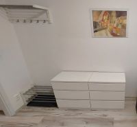 Garzonlakás fa hatású padlóval, fehér bútorokkal és színes festménnyel a falon.