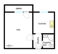 Egyszobás lakás alaprajza a következő helyiségekkel: szoba, konyha, erkély, fürdőszoba, WC.