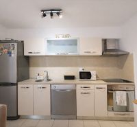 Konyhapult a nyaraló apartmanban rozsdamentes készülékekkel és mikrohullámú sütővel.