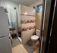 Családi ház fürdőszobája mosógéppel, zuhanyzóval és WC-vel.