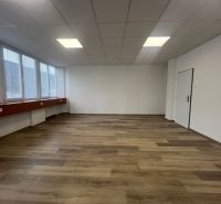 Irodák világos falakkal és fa dekorációjú padlóval, üvegablakokkal és fehér mennyezettel.