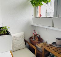 Csendélet székkel és növényekkel egy hangulatos erkélyen egy háromszobás lakásban.