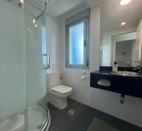 Fürdőszoba WC-vel, zuhanyzóval és mosdóval egy üdülő apartmanban.