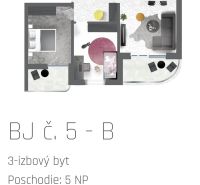 3 szobás lakás alaprajza modern bútorokkal és felszereléssel, ára 163990 €.