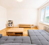 Nappali fa dekor padlóval és szürke kanapéval egy kétszobás lakásban.
