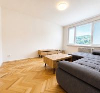 Nappali egy kétszobás lakásban kanapéval és fa dekorációjú padlóval.