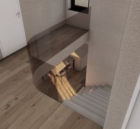 Belső tér lépcsővel, fehér ajtókkal és fa dekorációjú padlóval.