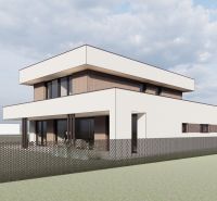 Minimalista dizájnnal rendelkező családi ház Szliácson, lakóterületekkel körülvéve.