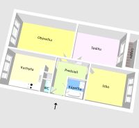 3 szobás lakás alaprajza konyhával, fürdőszobával és loggiával.