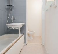 Fürdőszoba garzonlakásban zuhanyzóval és WC-vel, egyszerű dizájn.