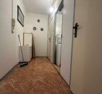 Folyosó egy kétszobás lakásban, fa mintázatú padlóval, fehér falakkal és világítással.