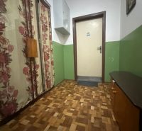 2 szobás lakás folyosója fa dekor padlóval és virágos függönyökkel.
