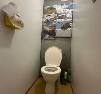 WC faldekorációval és tárolóhellyel egy kétszobás lakásban.