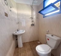 Fürdőszoba mosdóval, zuhanyzóval és WC-vel egy családi házban, fa mintázatú padlóval.