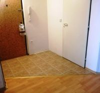 A 3 szobás lakás folyosója csempével és fa dekor padlóval.