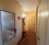 A beépített szekrényekkel és szőnyegpadlóval ellátott kétszobás lakás folyosója.