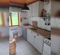 Kompakt konyha családi házban, retro dekorral és fa mennyezettel.