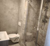 Fürdőszoba egy kétszobás lakásban, walk-in zuhanyzóval és WC-vel, minden szürke színvilágban.