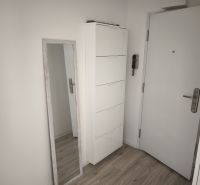 Előszoba fehér bútorokkal és fa dekorációjú padlóval egy kétszobás lakásban.