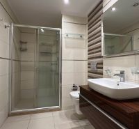 Fürdőszoba egy nyaraló apartmanban modern zuhanyzóval és mosdókagylóval a szekrényen.