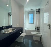 Fürdőszoba üdülő apartmanban káddal és mosdóval sötét pulton.