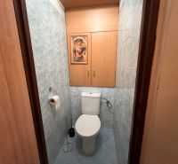 Kétszobás lakás WC-je kék csempékkel és fa dekorációjú szekrényekkel.