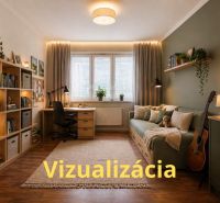Egy szoba fa mintázatú padlóval, kanapéval, íróasztallal és növényekkel egy 4 szobás lakásban.