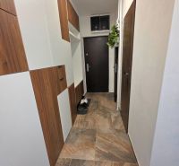 Folyosó egy kétszobás lakásban sötét ajtókkal és fa dekorációjú padlóval.
