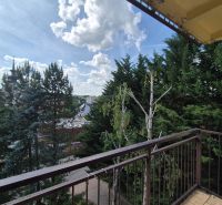 A négy szobás lakás erkélyéről kilátás nyílik a fákra és a város panorámájára Myjaván.