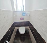 Fürdőszoba WC-vel egy kétszobás lakásban, fa dekorációs burkolatokkal a falakon.