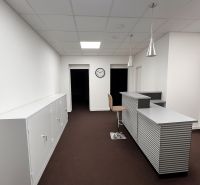 Irodák recepcióval, fehér szekrényekkel és barna szőnyeggel, fa dekoros padlóval.
