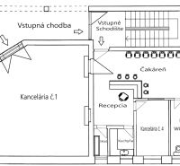 Az iroda alaprajza recepcióval, váróteremmel, konyhával és raktárral.