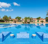 Medencével körülvett pálmafák a Cala Murada Mallorca nyaraló apartmanban.