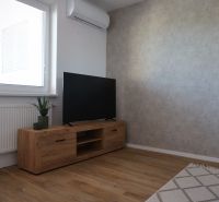 Televízió fa szekrényen, fa dekoros padló, nappali sarok egy kétszobás lakásban.