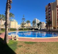 Egy zölddel és pálmafákkal körülvett medence La Manga del Mar Menorban egy üdülő apartmant képvisel.