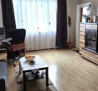 Nappali egy négy szobás lakásban kanapéval és fa dekorációjú padlóval.