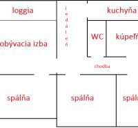 A 4 szobás lakás alaprajza tartalmazza a nappalit, a konyhát, három hálószobát és a fürdőszobát.