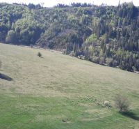 A Čierny Balog melletti mezőgazdasági és erdőterületek panorámája egyes fákkal.
