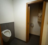 Üzlethelyiség belső tér WC-vel és sötét, fa dekoros padlóval.